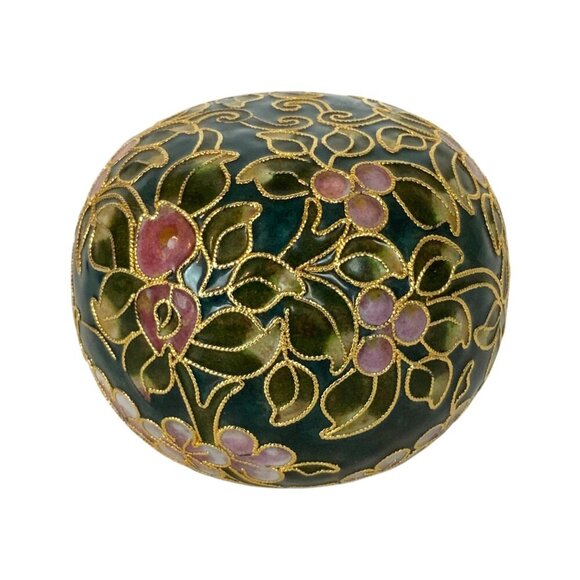 Cloisonné Floral Patterned Round Paperweight Hand Painted Green Pink Gold - Picture 2 of 6